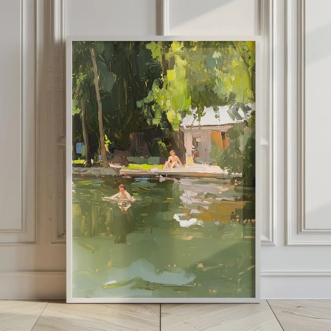 "Summer Lake Impressionist Wall Print Decor - Expressive Oil Painting of a Lakeside Scene with Swimmers and a Dock, Vibrant G