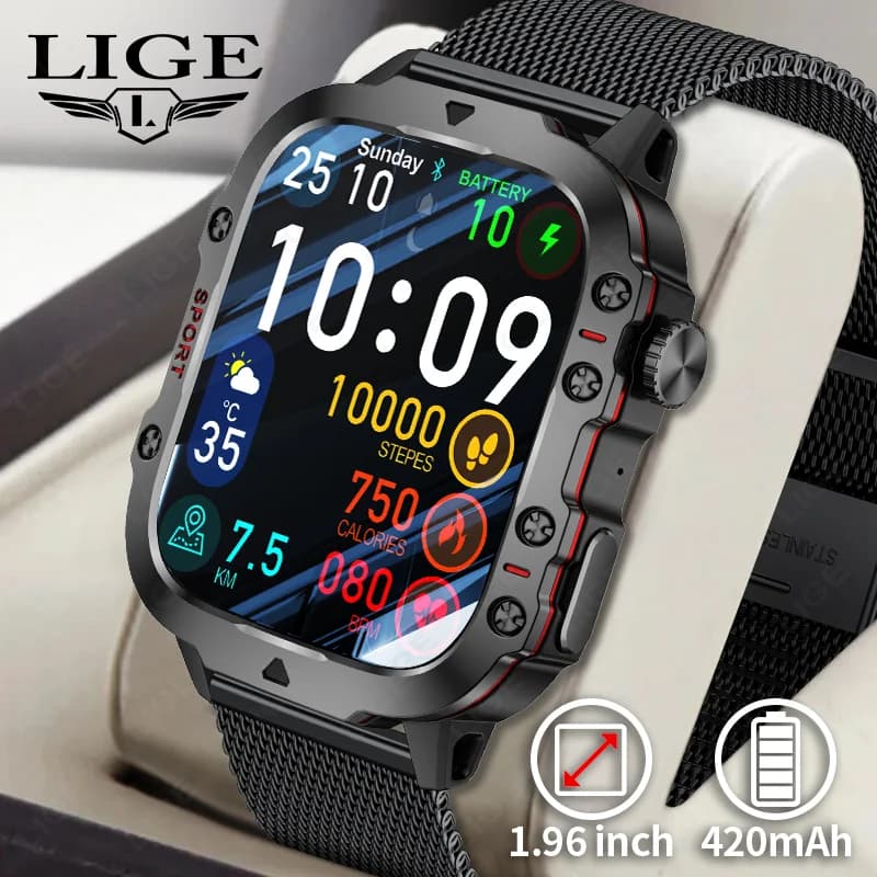 LIGE Smartwatch for Open Sports with 1.96 HD Screen", Blood Pressure Monitoring and Cardiac Frequency, Bluetooth Calls, for Men and Women, Celebration Gift