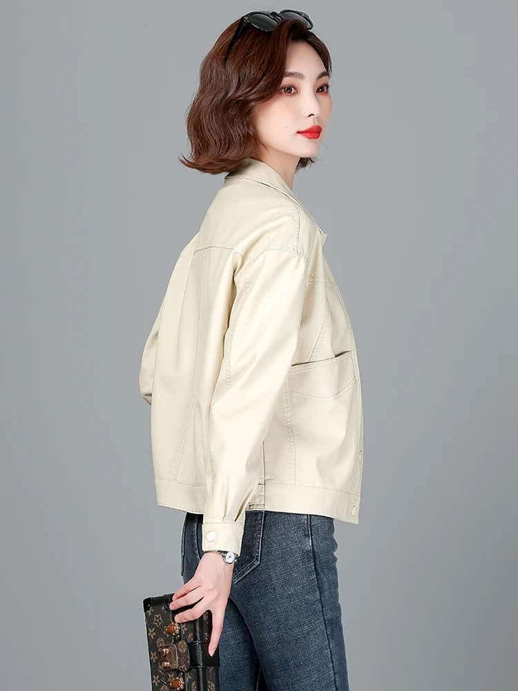 Haierning Women's Short Leather Jacket Korean Style Casual Spring Autumn High Glossiness Slim Fit Long Sleeve No Fur Collar