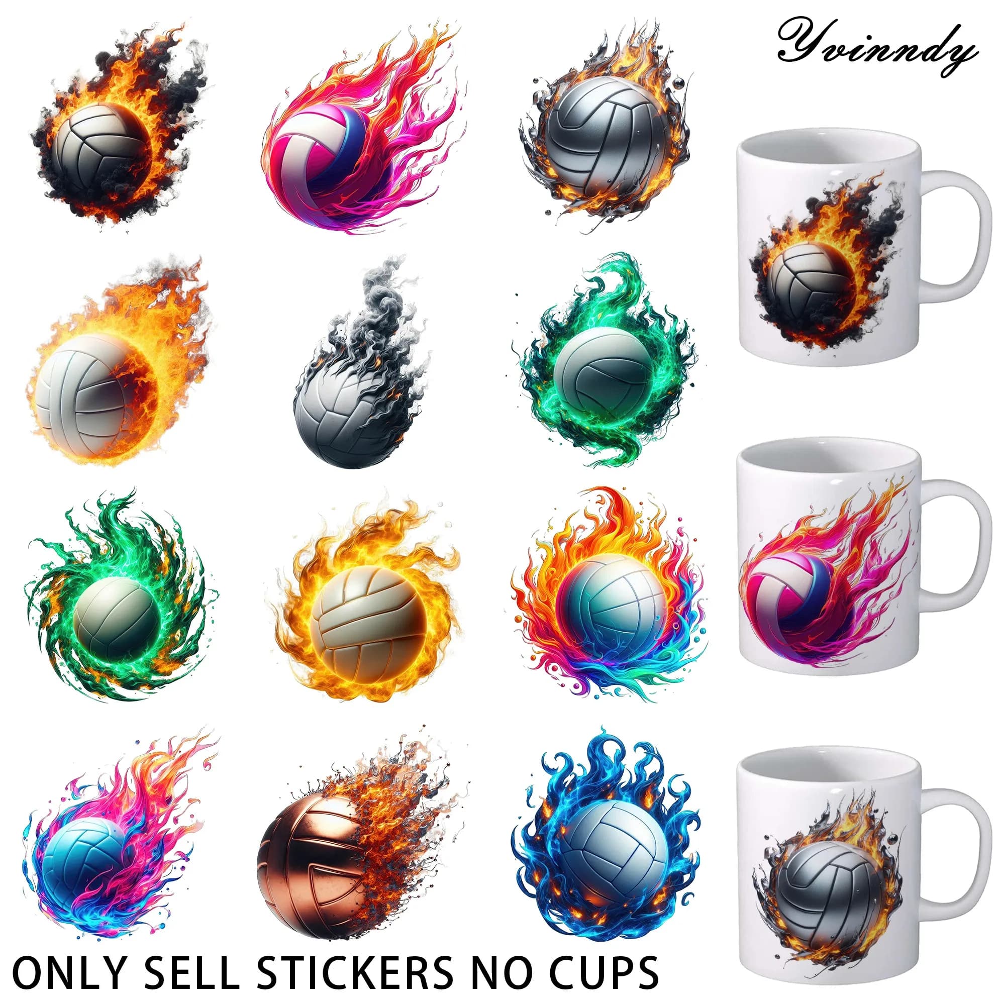 12 pcs UV stickers DTF Flame Volleyball - Waterproof DTF UV transfer paper for arts and crafts, DIY