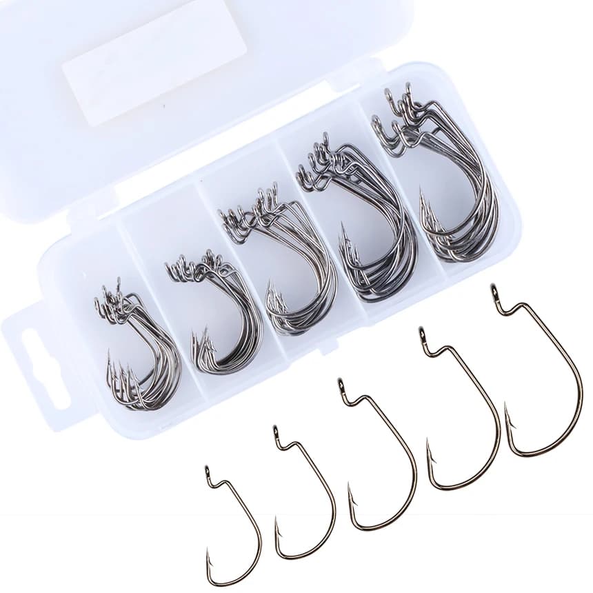 Kit ganci a vite senza fine Goture 50 pezzi # 2/ # 1/ # 1/0/ # 2/0/ # Ami da pesca multi-dimensione 3/0 Ami spinati a ampio spazio con scatola per attrezzatura impermeabile