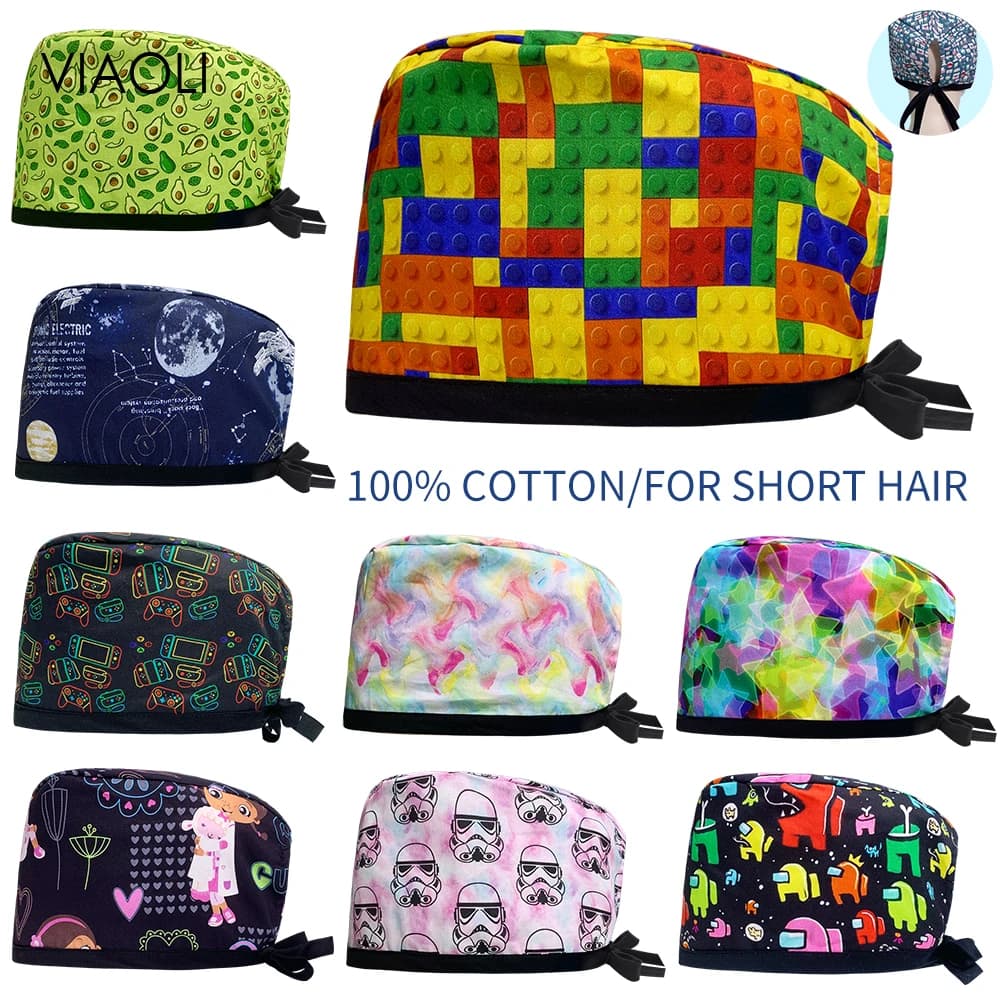 Berretto Scrub Cotone stampato Salone di bellezza Berretto da chirurgo Clinica odontoiatrica Cappello da allattamento Donna Uomo Berretti chirurgici Accessori per infermiere all'ingrosso