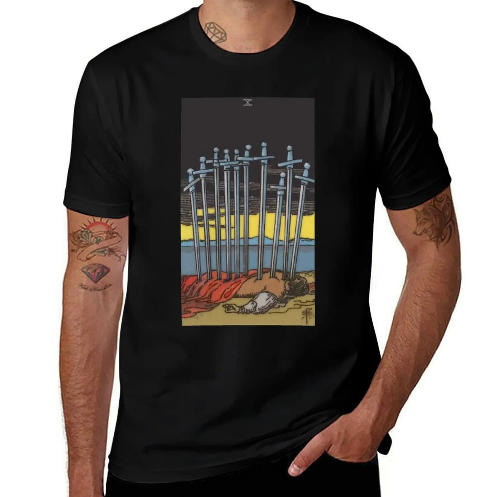 T-shirt classica Ten of Swords Tarot Card Rider Waite, top a maniche corte elasticizzato morbido