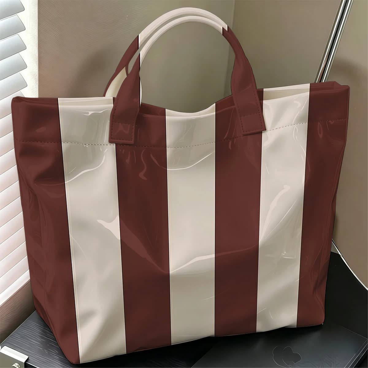 Tan & Cream Vertical Stripe Stylish Large Glossy PVC Tote Bag Washable Waterproof Durable Ideal for Travel Commute Handbags