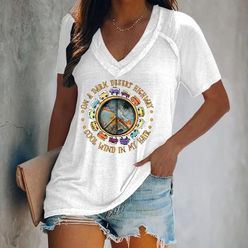 ilstile Women's Hippie Letter Print T-Shirts Summer Casual Loose Short Sleeve V Neck Tops White Tees New Arrival
