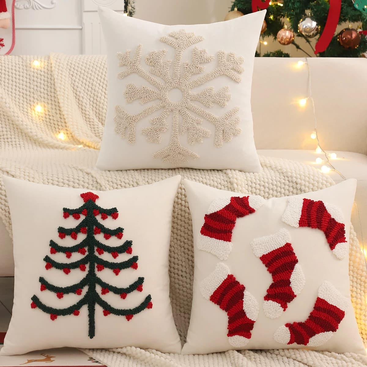 Fodera per cuscino trapuntata Decorazione natalizia Tela Albero di Natale Fiocco di neve Calzini Inverno Agriturismo Casa Divano Soggiorno