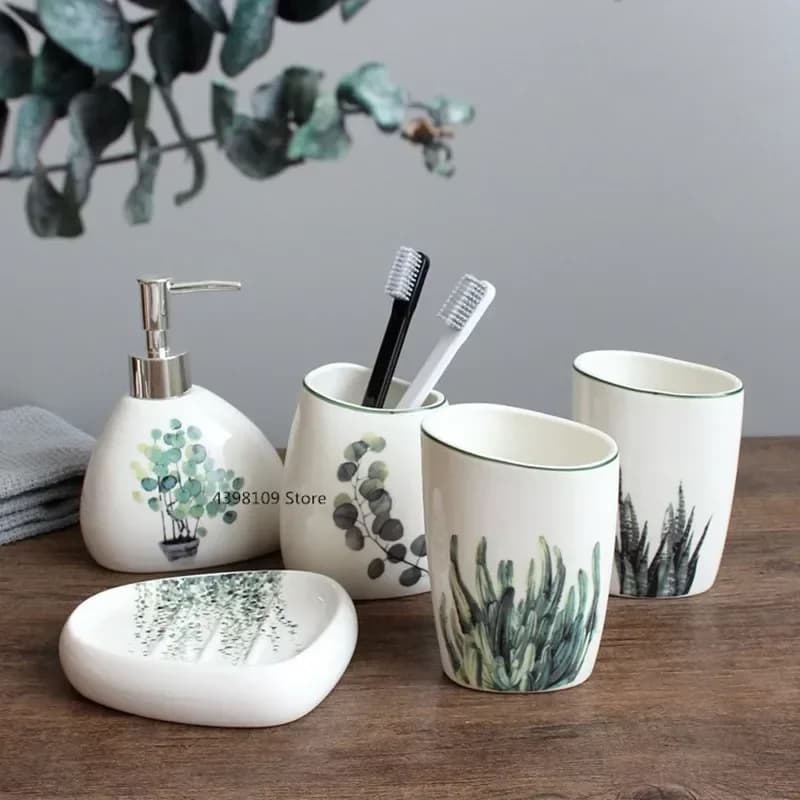 Forniture per il bagno in ceramica con piante verdi europee Set semplice per il lavaggio del matrimonio in cinque pezzi Porta spazzolino Bottiglia per lozione Vassoio in melamina