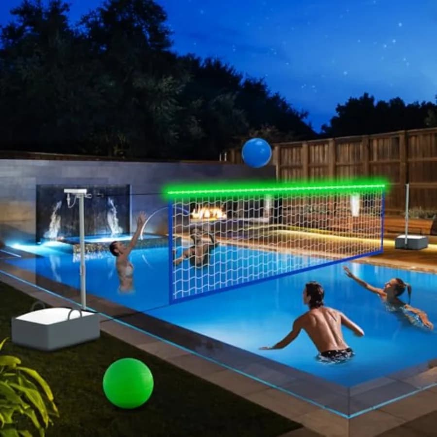 Set Rete da Pallavolo per Piscina con Luci LED Luminose, Rete da Pallavolo Solare con Lunghezza Regolabile 15-32FT per Piscine Interrate, Water V