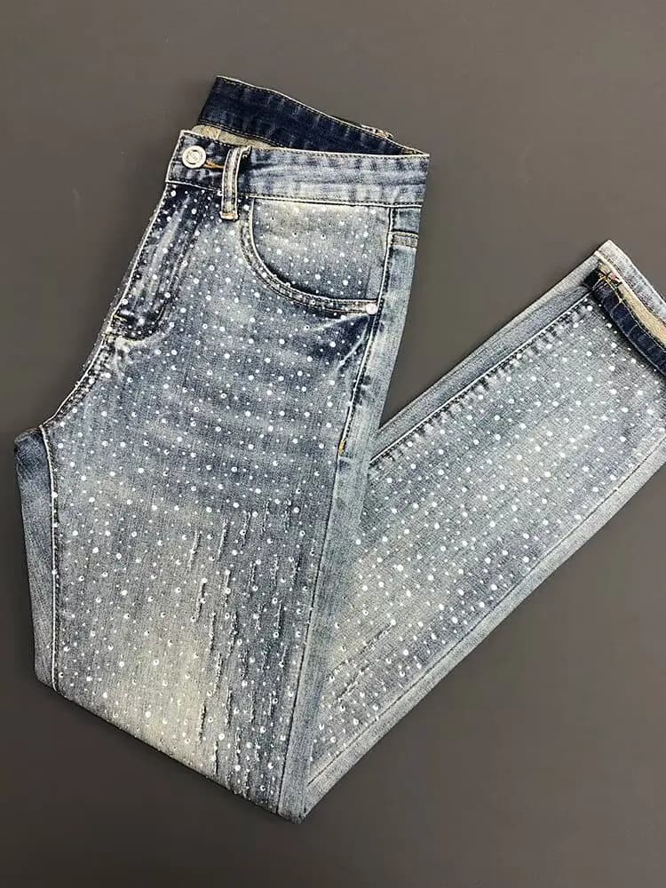 Jeans da Uomo alla Moda Slim Fit con Strass, Pantaloni Distressed di Colore Chiaro a Gamba Stretta, Nuovi Arrivi Primaverili per Abbigliamento Casual