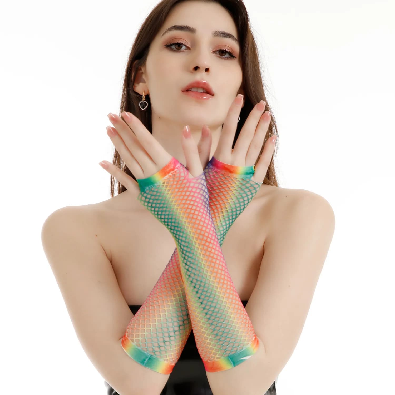 1 Pairs Rainbow Fishing Net Glove for Women's Neon Party Punk Half Finger Glove Nightclub Sexy Net Eye Long Glove