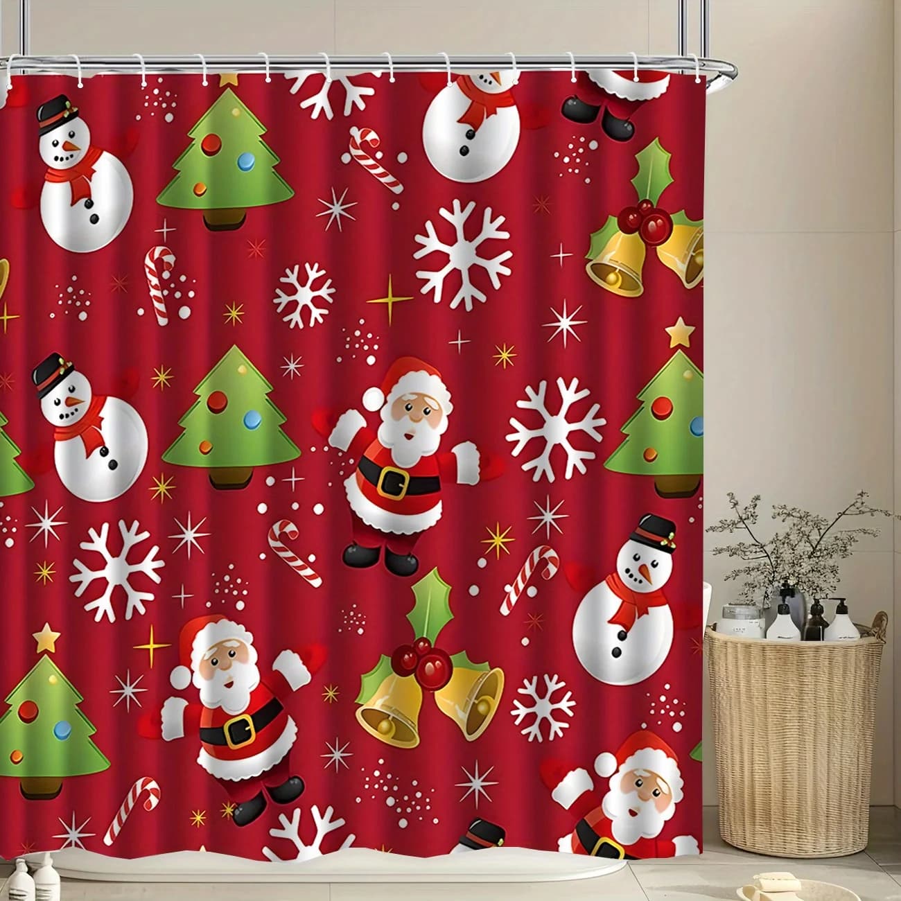 Christmas Shower Curtain Santa Claus Snowman Xmas Tree Waterproof Fabric Bathroom Decor Holiday Snowflake Bath Screen With Hooks