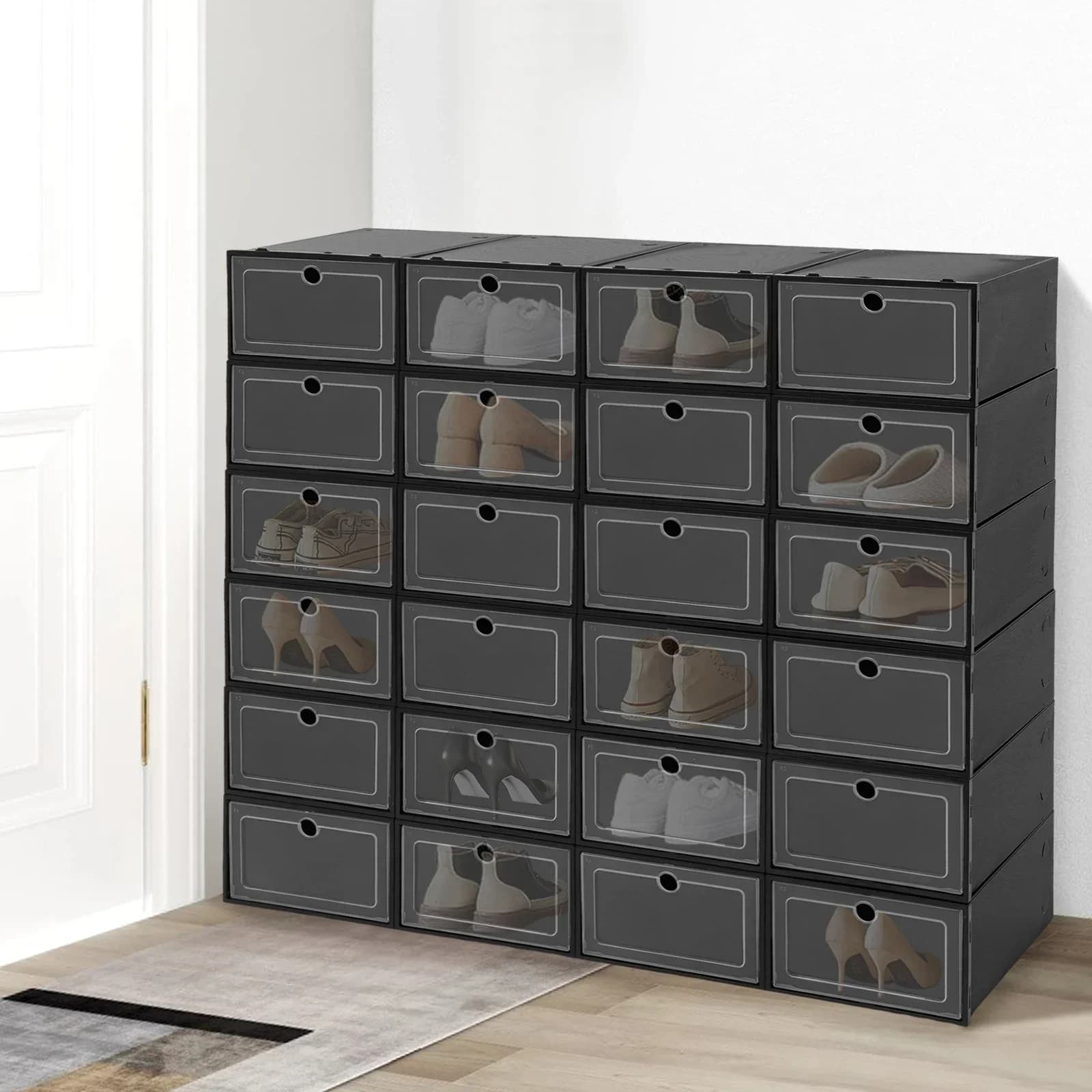 Pack of 24 boxes for large black tipping shoes - Container holders for transparent stackable wardrobe organizers for men and women - Shoe Organizer