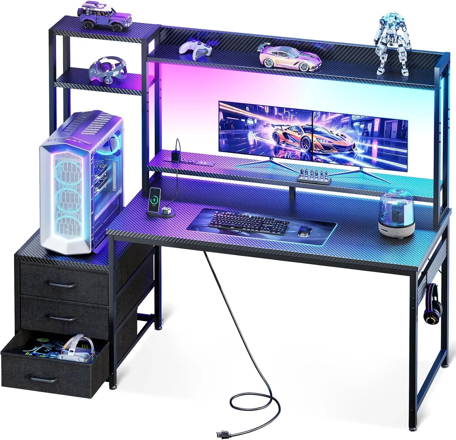 48 inch gaming desk with cage, 3 drawers, USB and LED, reversible monitor holder, black carbon fiber