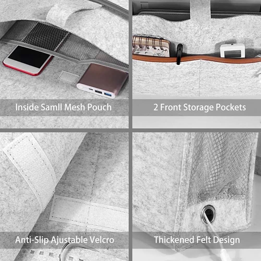 AA49 Organizer da comodino 2X, contenitore per letto in feltro con scatola per fazzoletti e portabottiglie d'acqua, tablet per riviste - Grigio chiaro