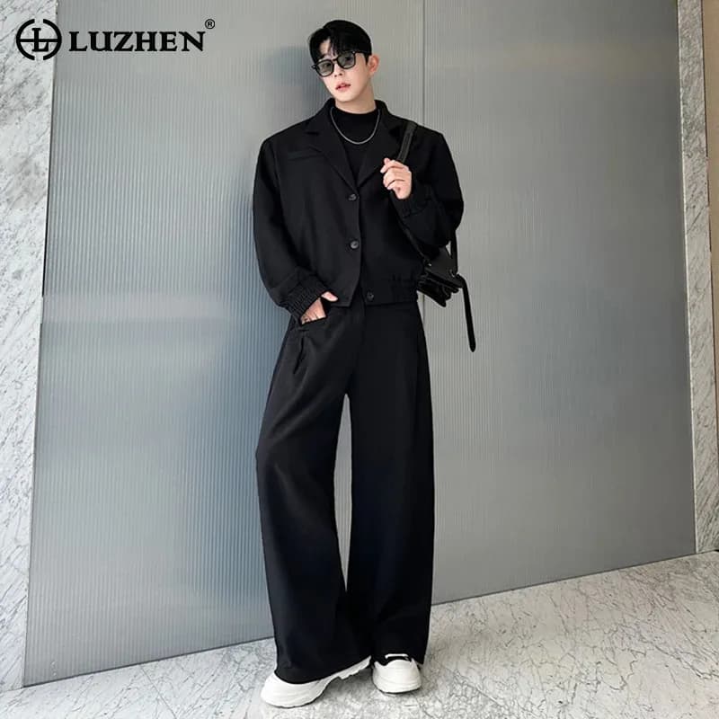 LUZHEN Spring Blazer Neck Casual Jacket Men's Fashion 2026 Street Loose Straight Casual Pants Wide Leg New Two-piece Sets JY8243