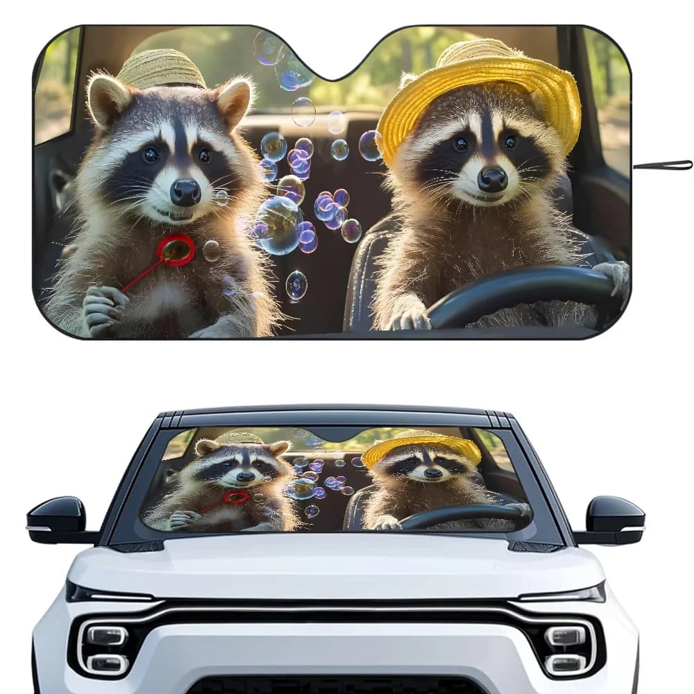 Raccoons Animals Car Sunshade Curtains Heat-insulating Aluminum FilmReusable Suction Cup Blocks UV Rays Car Sun Visor Protector