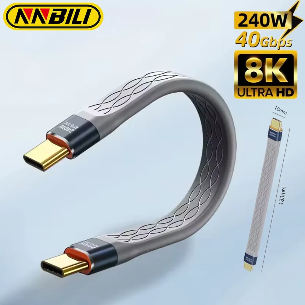 NNBILI Cavo da USB-C a C da 240 W PD3.1 USB4 40 Gbps 8K a 60 Hz Sincronizzazione dati di ricarica rapida per MacBook iPad Pro Cavo piatto flessibile Samsung