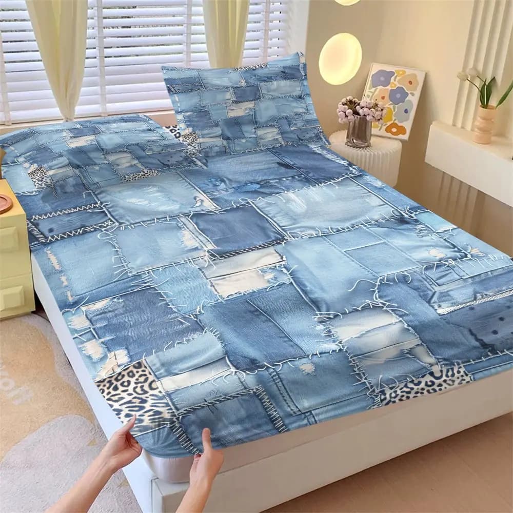 Distressed Denim Leopard Patchwork Fitted Sheet Set Bed Sheets Set Rustic Textile Art Bedding Set All Season