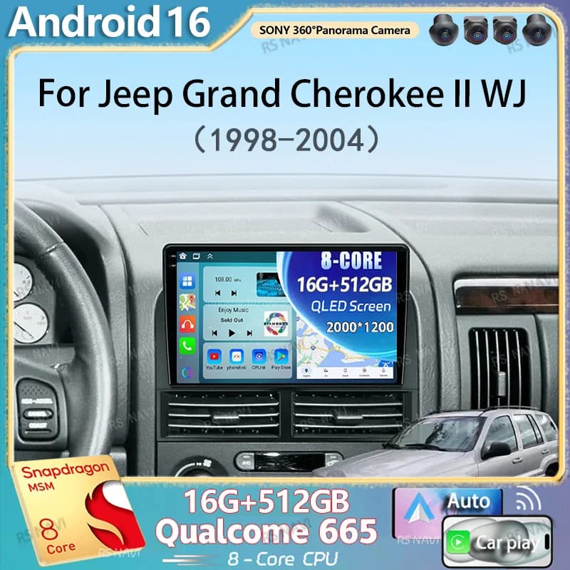 Android 16 Carplay Auto Car Radio For Jeep Grand Cherokee II WJ 1998 - 2004 Navigation GPS Multimedia Player Stereo WIFI+4G 2DIN