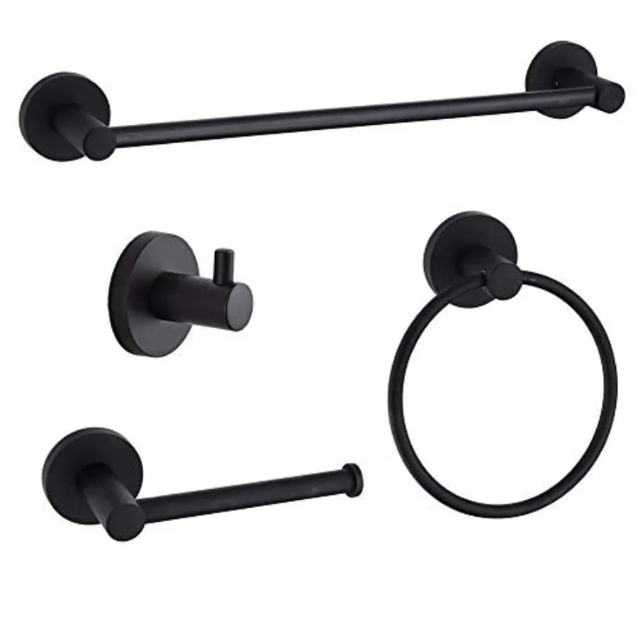 4-Piece Bathroom Hardware Set Black Wall Mounted Robe Hook Wall Toilet Paper Holder Towel Ring Adjustable Towel Bar 18''-24'' B