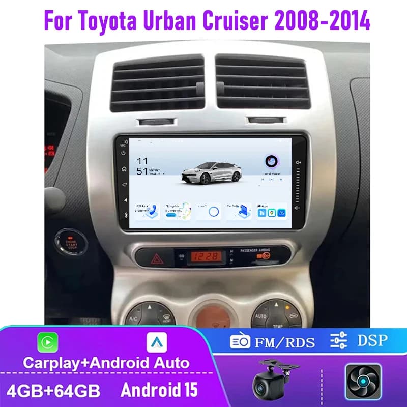 7" 4+64GB For Toyota Urban Cruiser 2008-2014 Car Radio 2Din Wireless Carplay Android 15 Auto Head Unit Steering Wheel Control