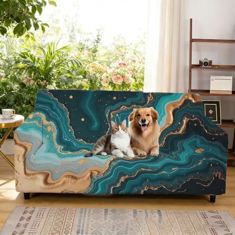 Elastic cover, integrated sofa cover with abstract marble pattern, sofa cover with all-inclusive armrest