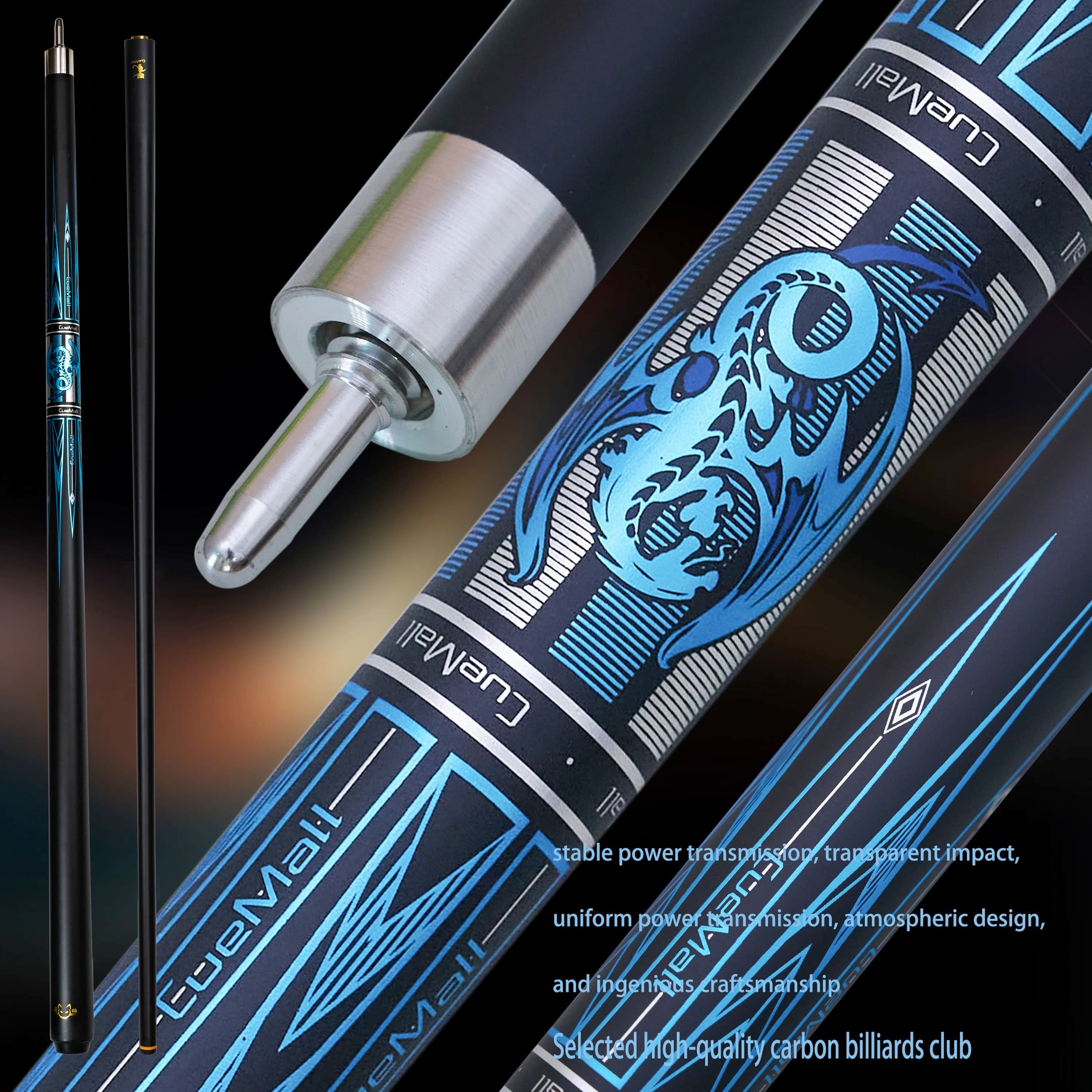 Stecca da biliardo da 58" in fibra di carbonio e acero - Drago blu metallizzato, punta multistrato da 12,5 mm | Attrezzatura da biliardo professionale per i regali per la festa dei genitori
