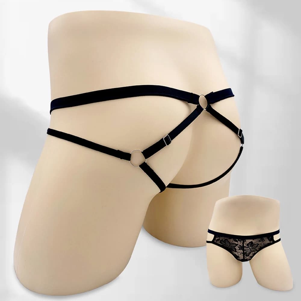 Lingerie sexy da uomo trasparente per mutande, custodia intima, pizzo, perizoma in pizzo cavo, mutandine a vita bassa, cintura regolabile