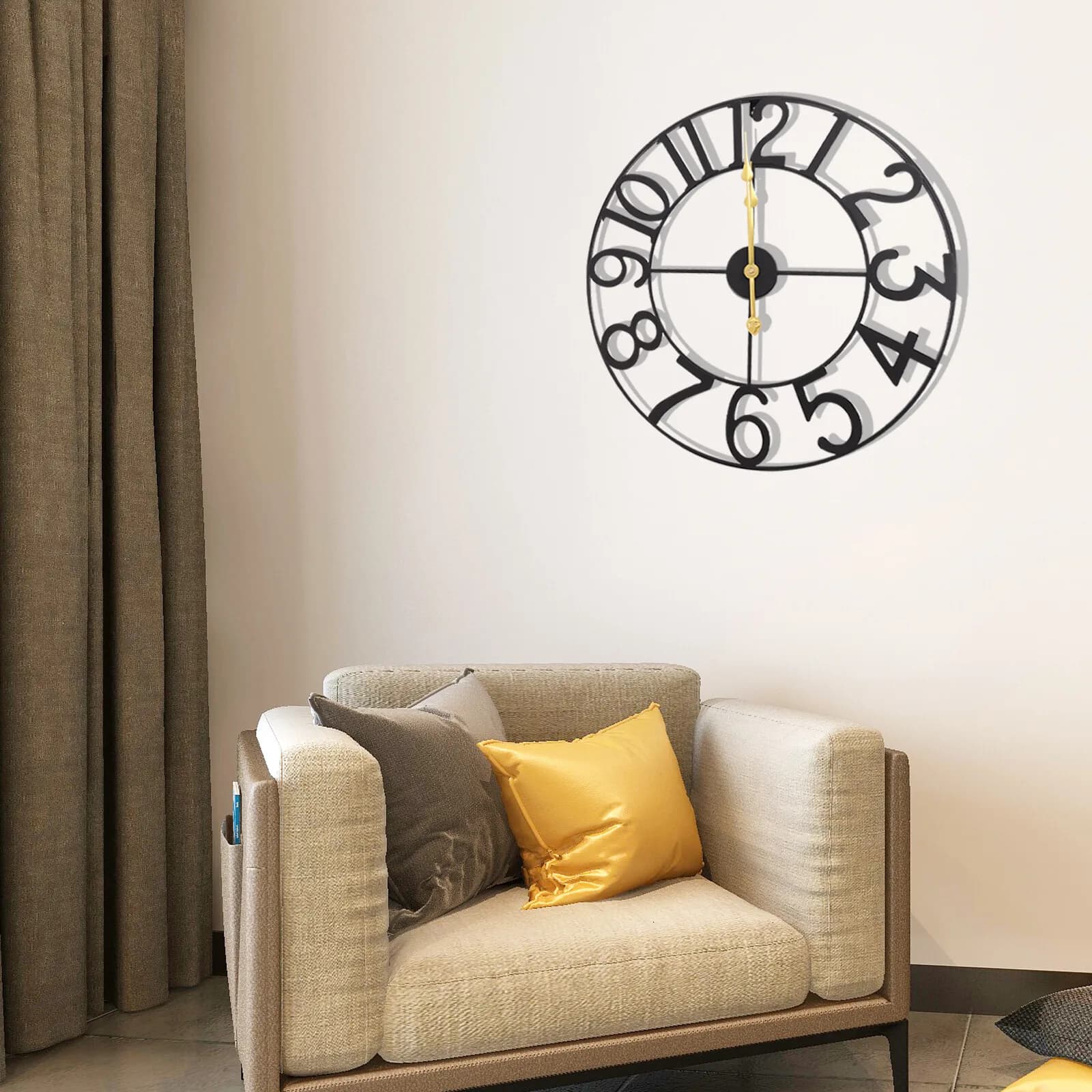 Elegant black wall clock with golden hands, 24 inch silent movement watch, dial with easy reading Arabic numerals for living room