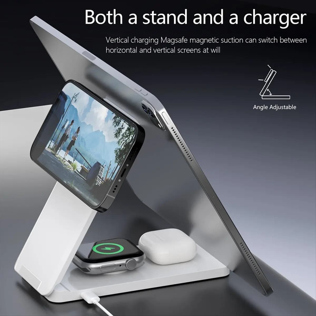 DT1167 Mon.Foldable Multi-Functional Vertical Stand Magnetic Wireless Charger Suitable for Mobile Phones Watches Headphone White