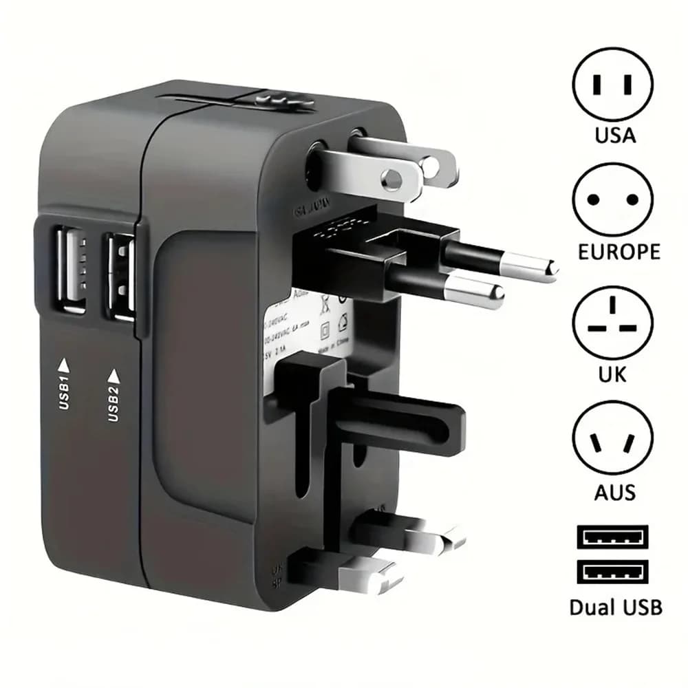 Universal Travel AC Power Adapter with Dual USB Ports EU US UK AU Outlet Converter Socket Plug Global Conversion Charger