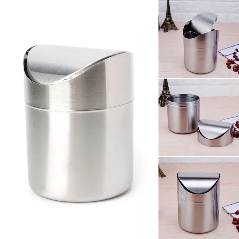 Stainless Steel Desk Trash Bin Countertop Waste Can With Swing Lid 1.5 L Mini DustBin