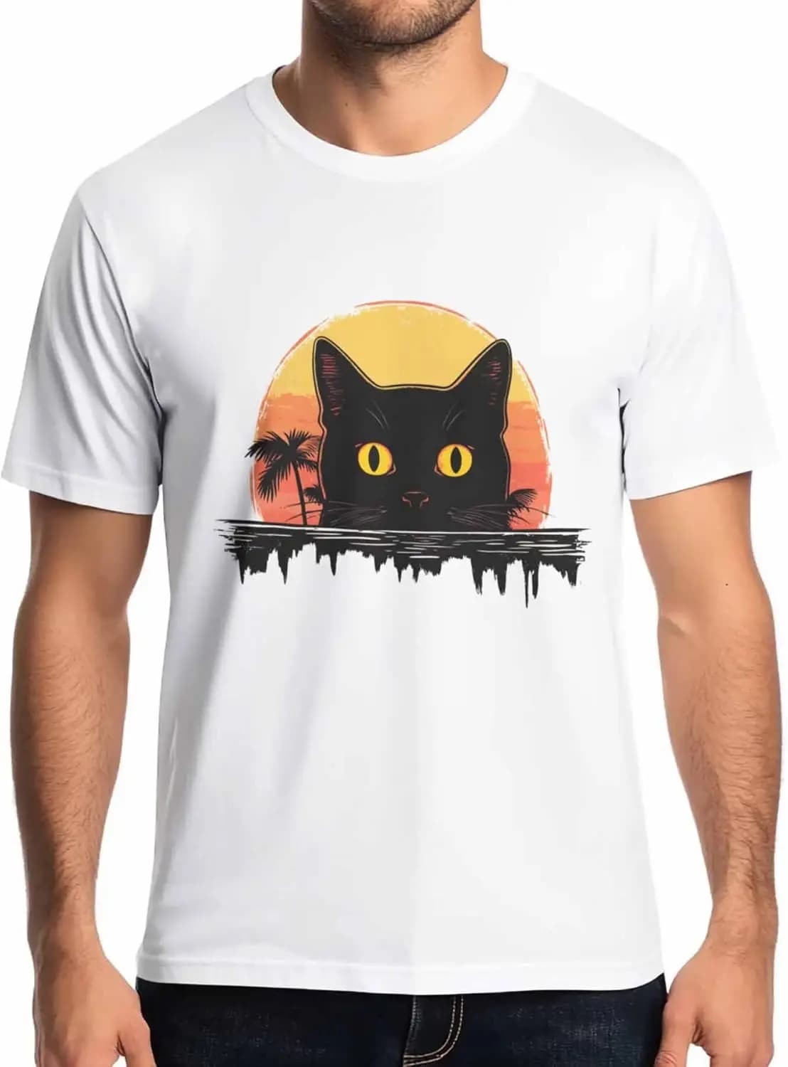 T-shirt da uomo Black Cat, magliette a maniche corte da uomo, girocollo, magliette estive da uomo con palma al tramonto