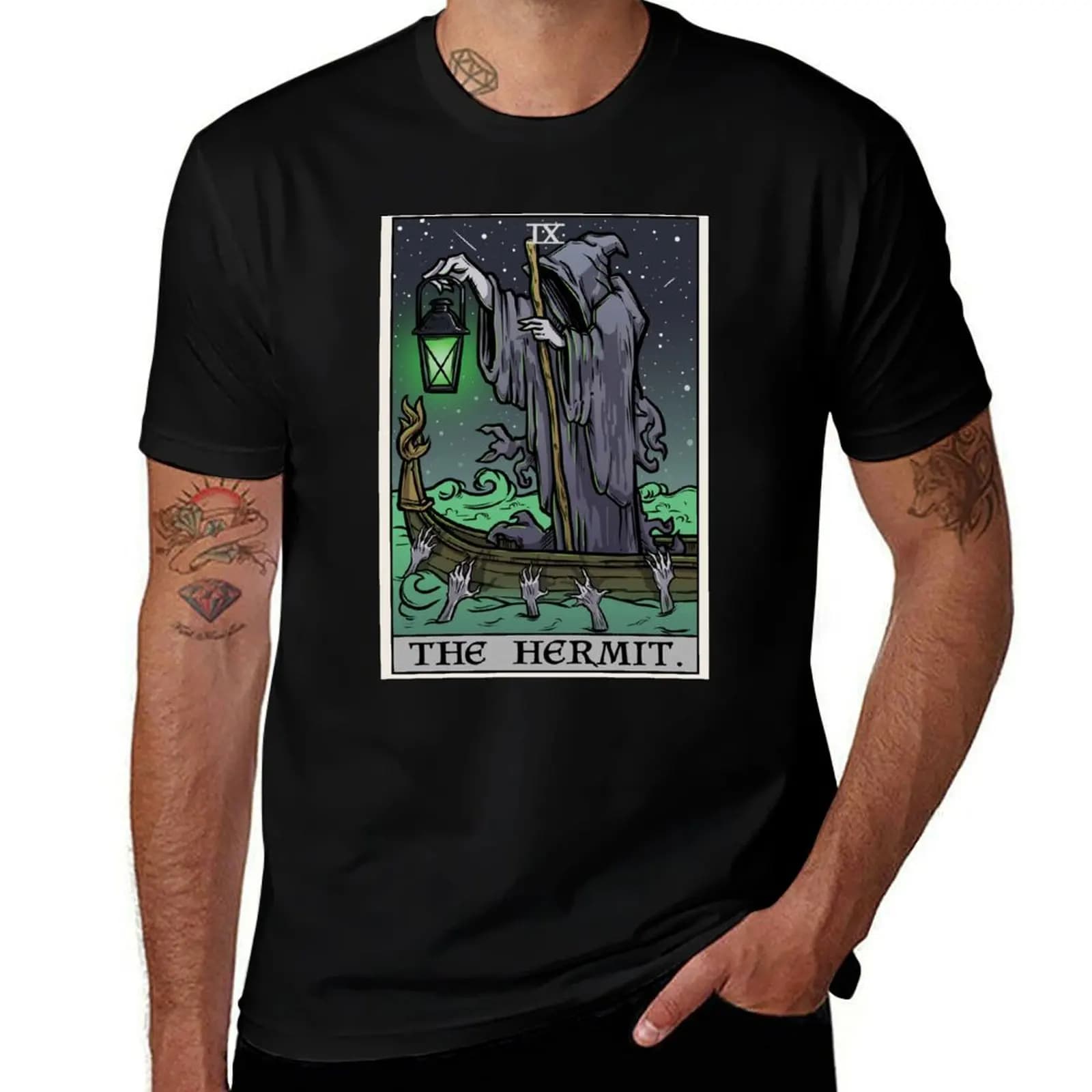 The Hermit Tarot Card Gothic Halloween Psychopomp Grim Reaper Angel of Death T-Shirt Daily Wear Print T-Shirt