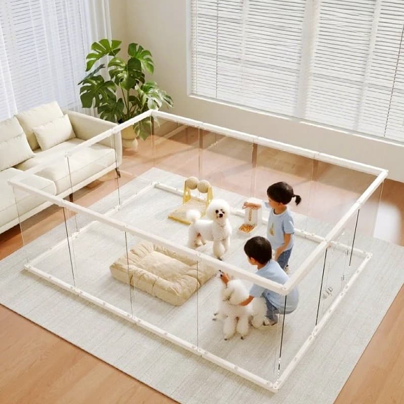 Box per cani trasparente con porta interna Recinzione per cani in acrilico Letto circondato Barriera di sicurezza per cani Barriera di sicurezza per bambini