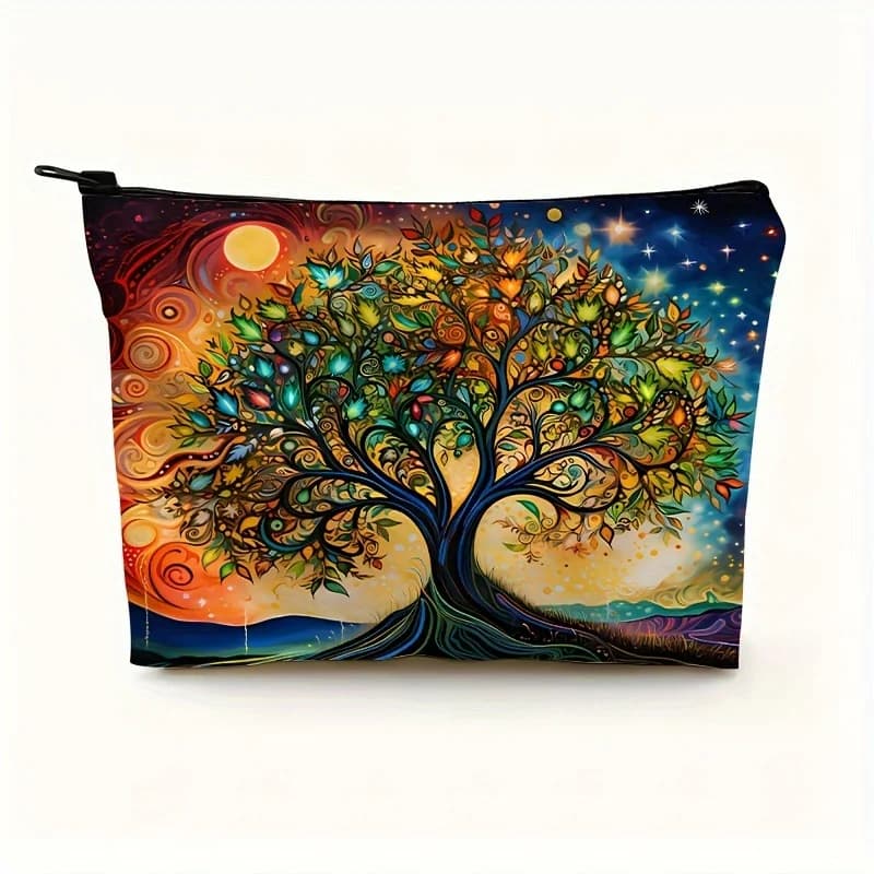 Borsa per il trucco A Tree of Life: simpatica custodia multifunzionale con cerniera per donna, borsa per riporre gioielli