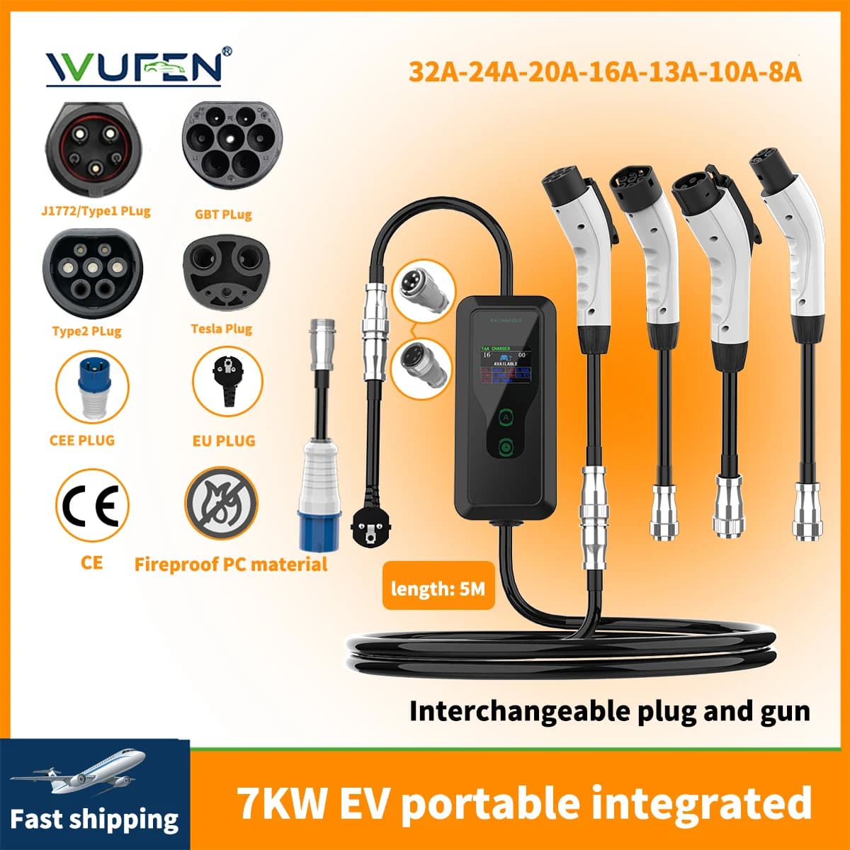 WUFEN 7KW Multifunzionale integrato Sostituisci spina e pistola Type2 GBT Tesla e Type1 EV Caricabatterie per tutti i principali accessori per auto standard