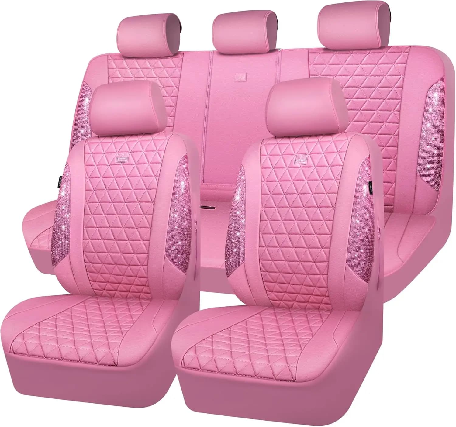 Car Seat Covers in Pink Leather with Rhinestones, Complete Set, Waterproof and Sparkling, Universal for SUVs, Berlina and Trucks