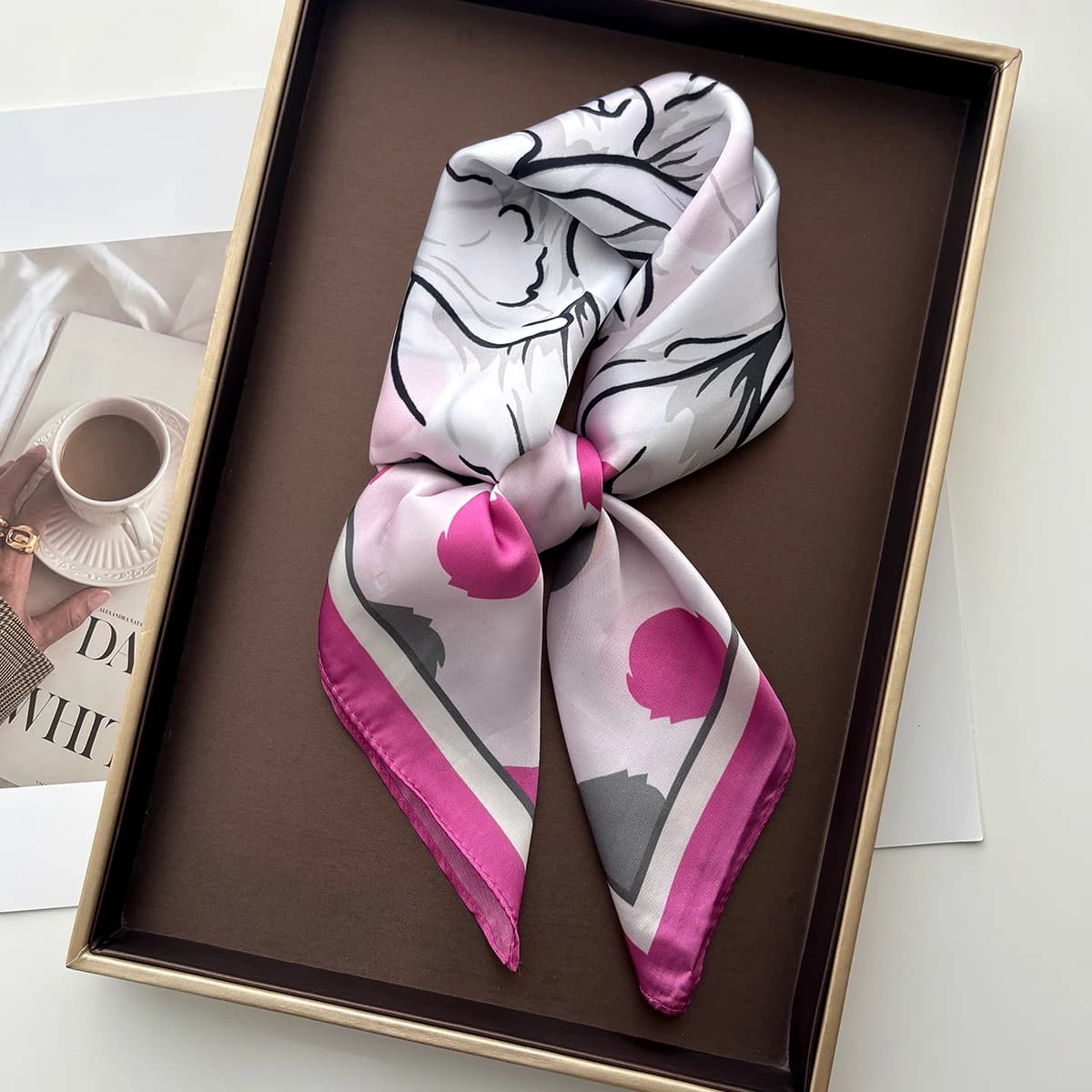 Square satin scarf with feminine polka dot floral print, imitation silk scarf, scarves, shawls and feminine shoulder covers