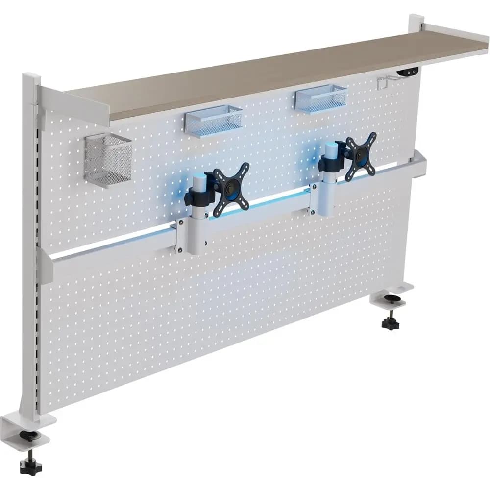 White desk support for double monitor with LED perforated panel, privacy panel and 4 accessories, 59x34 inch