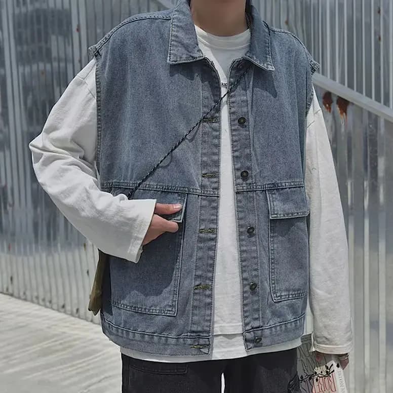 Loose High Street Style Men's Denim Vest Spring Autumn Trendy Brand Ins Sleeveless Shoulder Pad Vest Jacket for Teens
