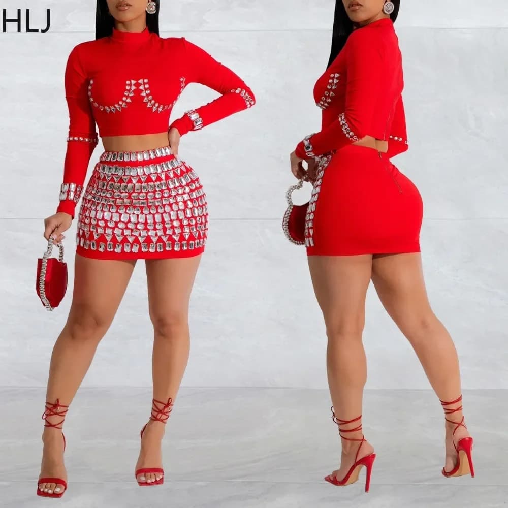HLJ Fashion Luxury Rhinestone Party Club Mini Skirts Two Piece Sets Women Round Neck Long Sleeve Crop Top And Skirts Outfit 2025