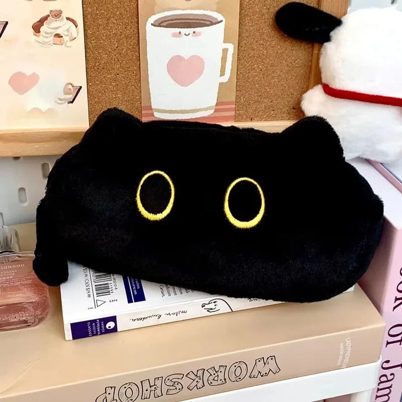 Astuccio per penne di grande capacità Simpatico gatto nero Peluche Astuccio per matite di cancelleria per cartoni animati Simpatico sacchetto di immagazzinaggio Forniture Regalo per il ritorno a scuola degli studenti