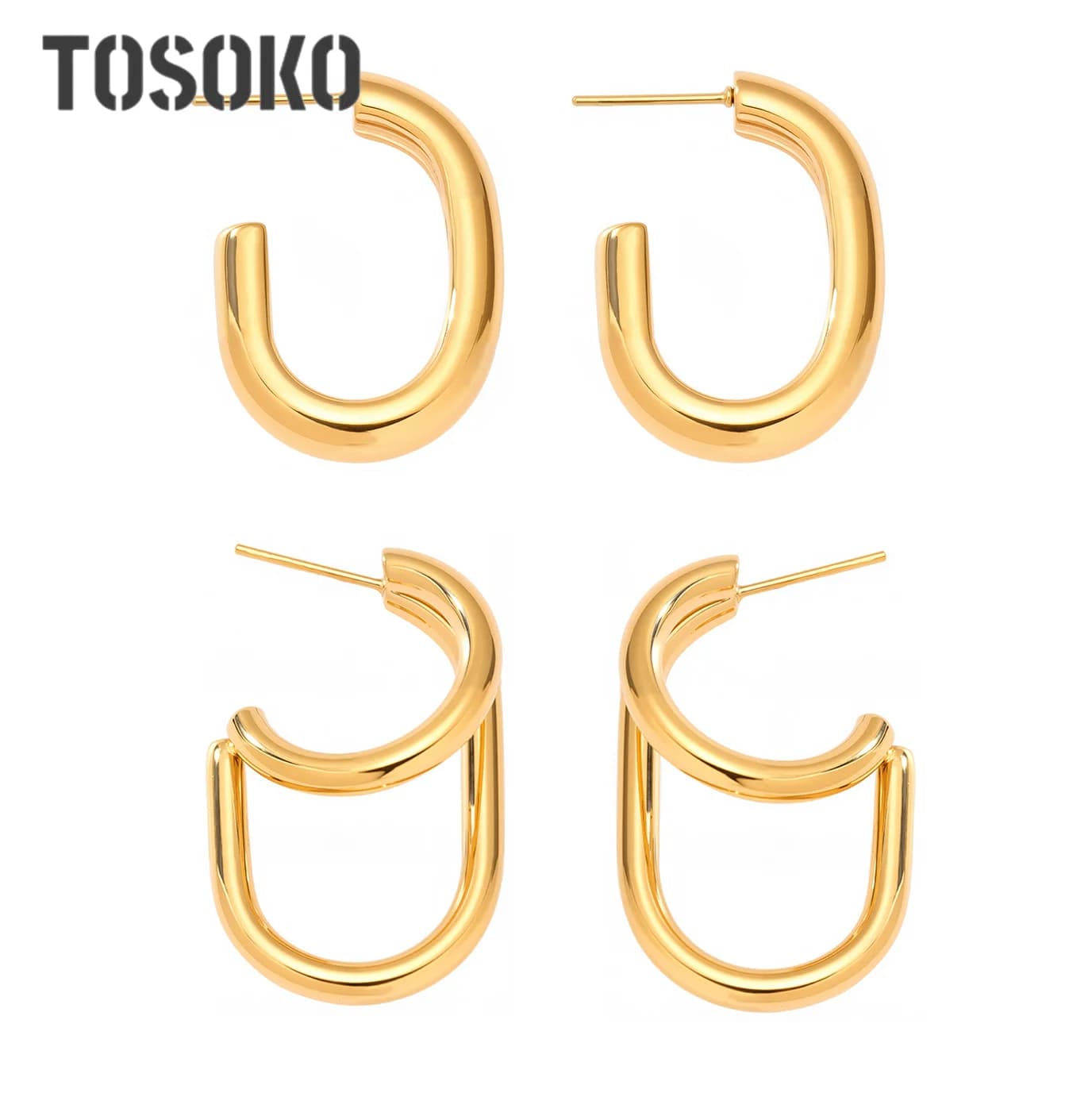 TOSOKO Stainless Steel Jewelry Lines Geometric Oval Earrings Women's Fashion Accessories F502