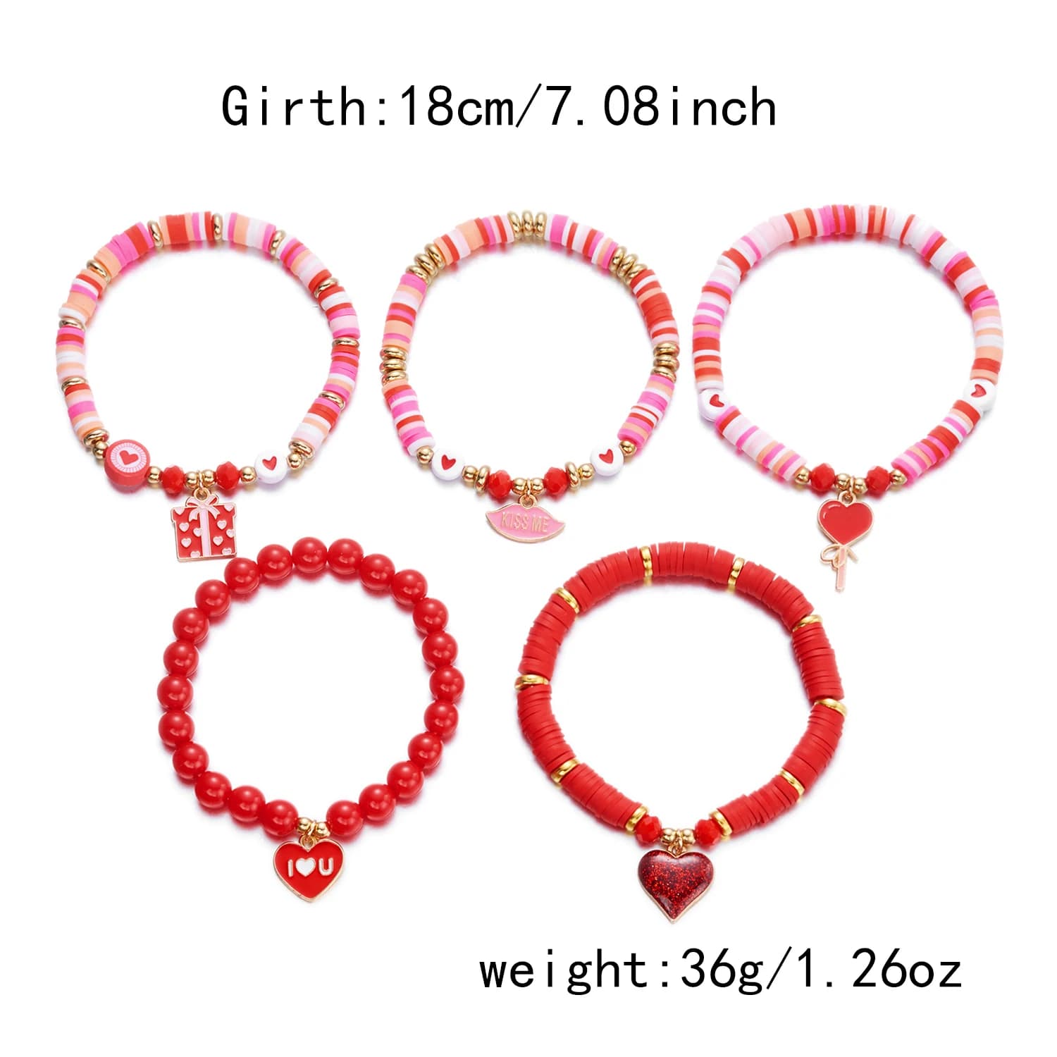 5 pz/set Braccialetti di Perline di Argilla Polimerica per Le Donne Nuovo Smalto Alla Moda Amore a Forma di Cuore Ballon Braccialetto di Fascino Regalo di San Valentino