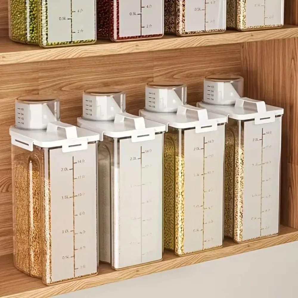 4 Pack 5LB Rice Storage Containers, Airtight Clear Plastic Food Storage Bins with Pouring Spout and Measuring Cup, Sealed storage container with moisture-proof cover，Grain Dispenser for Rice, Flour, Cereal, Snacks and Pantry，