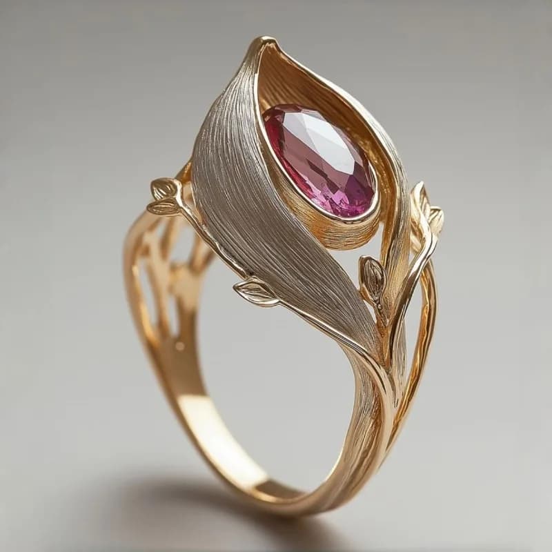 Light Luxury Leaf Shaped Ring with Brushed Texture Inlaid Synthetic Zircon Fashion Party Ring Women's Daily Jewelry