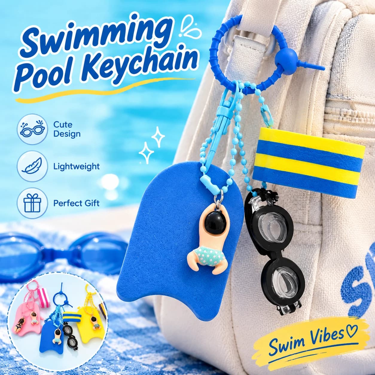 Cartoon Girls Boys Swimming Keychain Bag Charm With Swimming Pool Float Board Glasses Keyrings Pendant Accessories Gifts