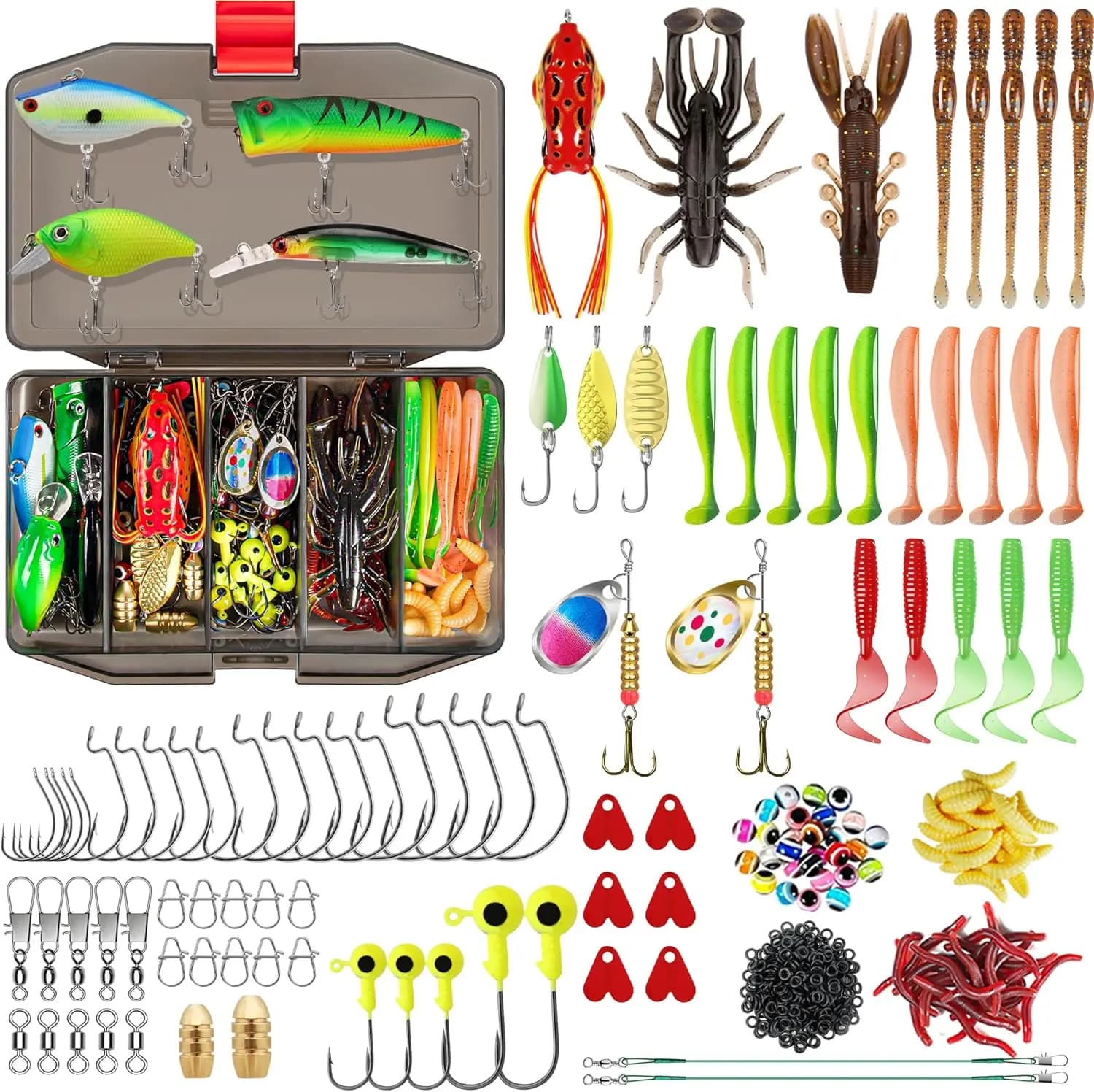 Kit di esche da pesca da 128-265 pezzi con scatola porta attrezzi, set completo di accessori da pesca, esche morbide, crankbait, ami, piombi, accessori terminali, regalo per uomo