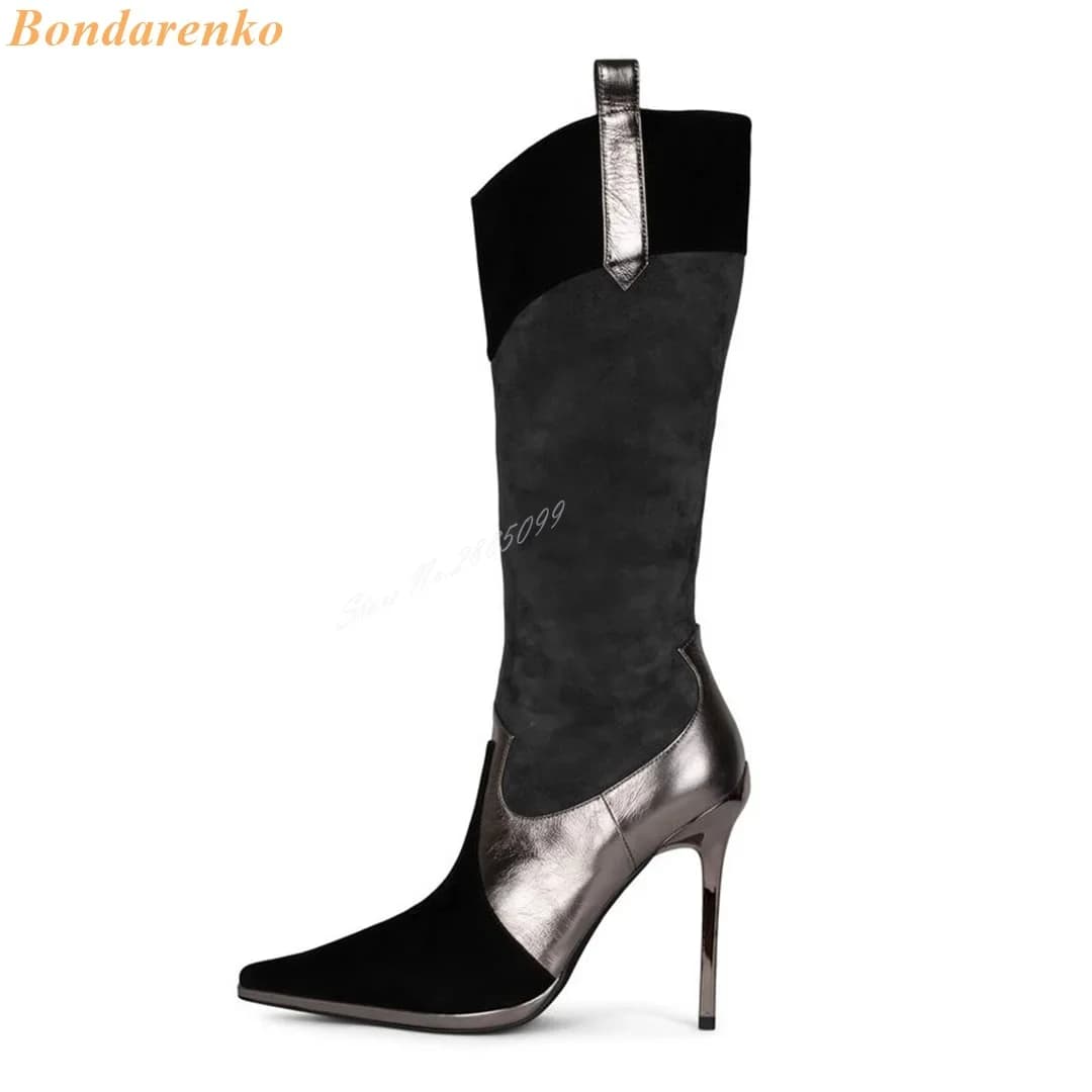 Stivali alti al ginocchio Patchwork in pelle scamosciata Slip On punta a punta tacchi alti sottili colori misti stivali donna scarpe Sexy Winter Party Designer nuovo